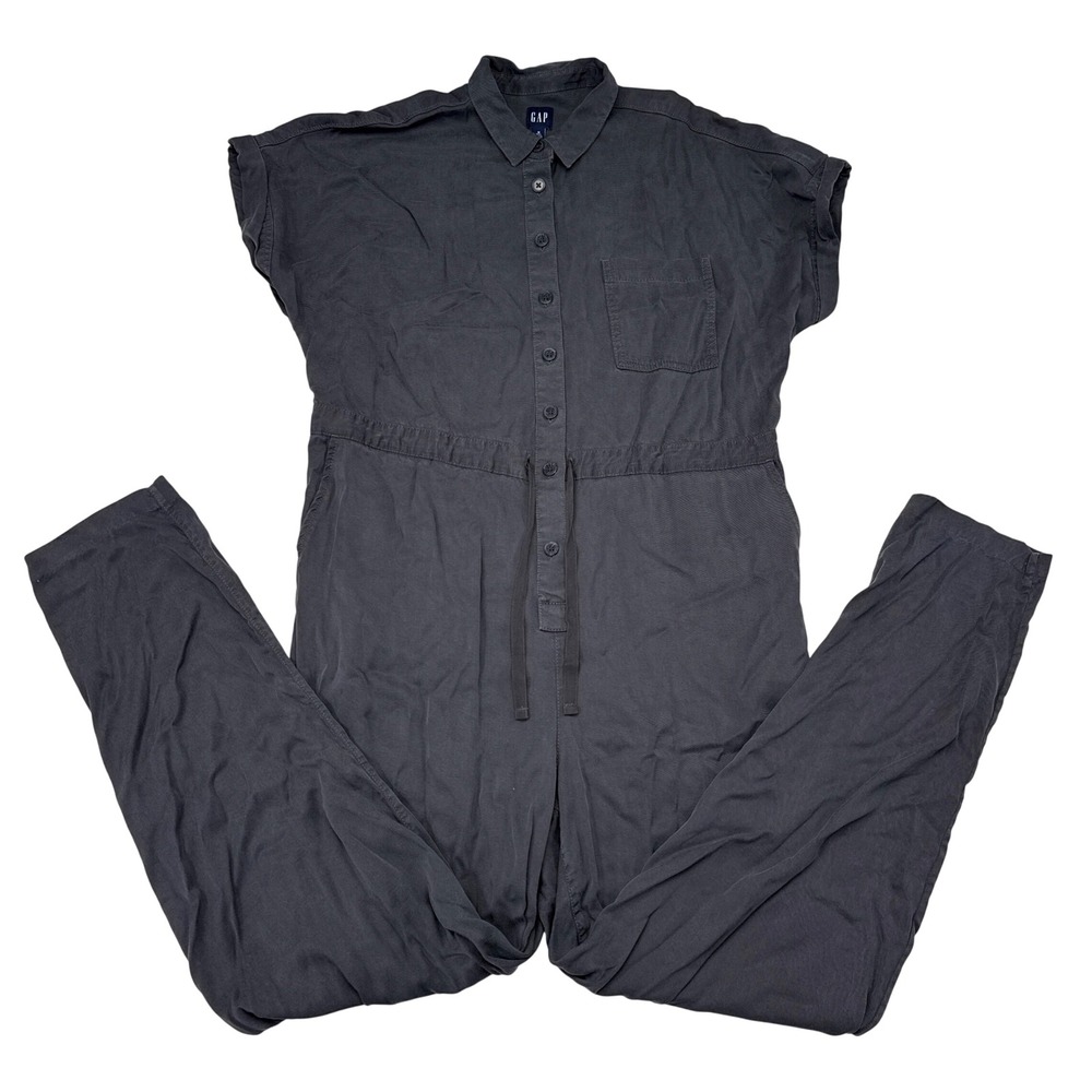 Gap Jumpsuit Womens Sz 16 Tall Soft Black Faded Flap Pocket Short Sleeve Utility